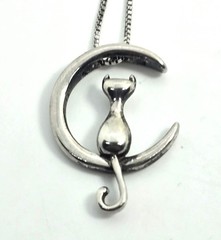 Crescent moon sitting kitty cat celestial sterling silver retro necklace