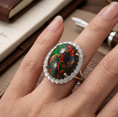 18K Gold Plated Sterling Silver Natural Black Opal Oval Engagement Ring for Her
