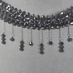 Black Crystal Glass Beaded Dangle Clip-On Earrings & Choker Set
