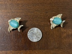 Vintage Brooch Set of 2 Fish Gold Tone Green Rhinestone Cabochon Moon glow