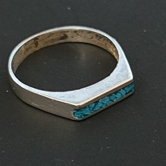 Vintage Silver Turquoise Inlay Ring Modernist Thin Band Signet Mexico Mosaic 925