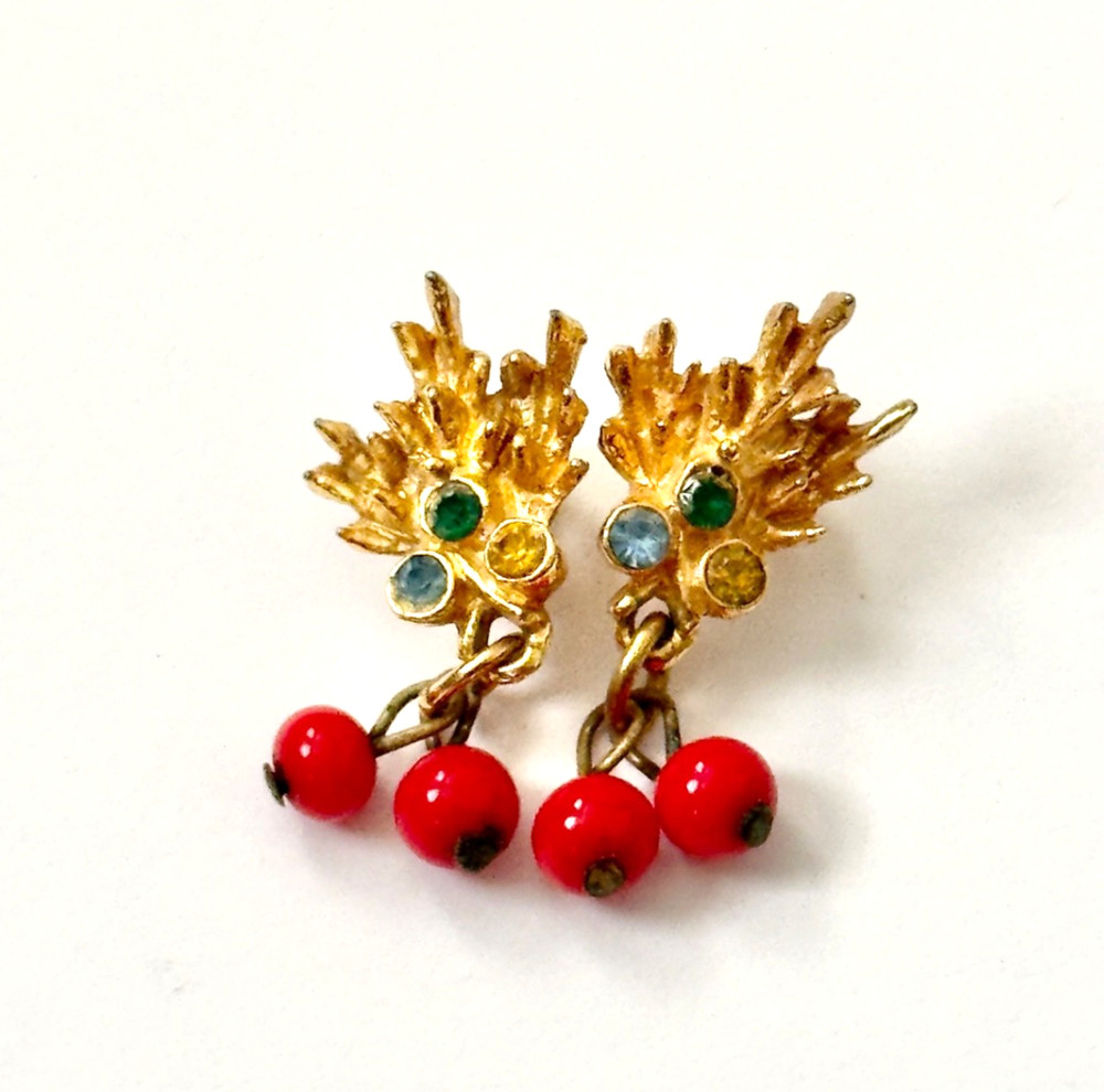 Vintage Multicolor Rhinestone Glass Beaded Dangle Drop Earrings Gold Tone