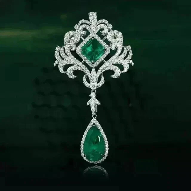 Art Deco Style Lab Created Diamond Emerald Wedding Pendant 14K White Gold Plated