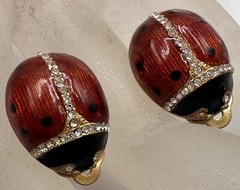 VINTAGE STERLING SILVER RED ENAMEL LADYBUG SIGNED MMA ART MUSEUM GLASS EARRINGS