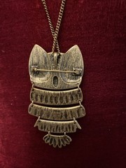 Articulated Gold Tone Owl Pendant Necklace Facet Glass Black Eyes 30” Chain #53