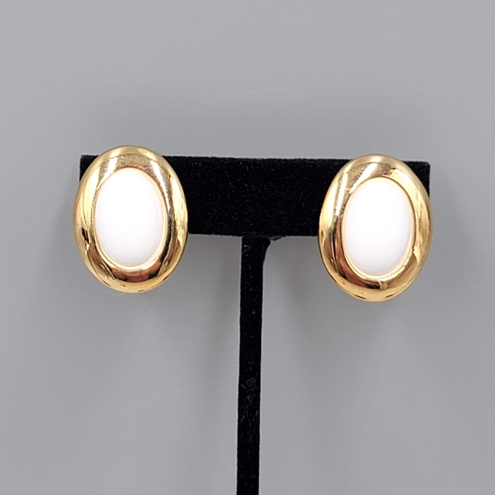 Vintage Napier Clip on Earrings Gold Plated White Cabochon 1 1/8″