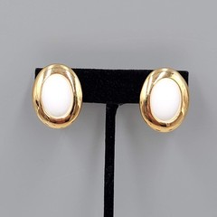Vintage Napier Clip on Earrings Gold Plated White Cabochon 1 1/8″