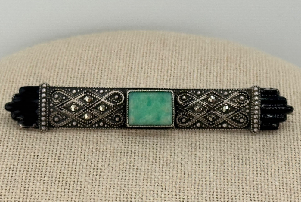 Vintage Art Deco 935 Sterling Silver Marcasite Enamel Amazonite Brooch