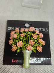VINTAGE ENAMEL RHINESTONE PINK ROSE FLOWER BOUQUET VASE BROOCH PIN SIGNED