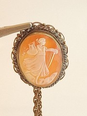 Vintage antique carved shell cameo pendant necklace gold filled harp goddess
