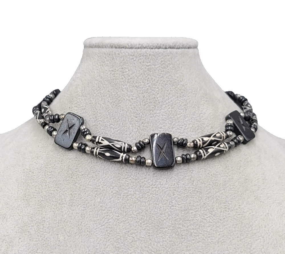 Vintage African Wood Bead Choker Necklace Silver tone Beads Tie Back Adj