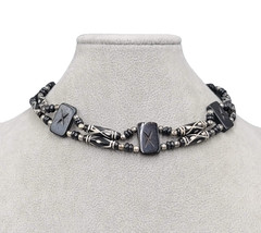 Vintage African Wood Bead Choker Necklace Silver tone Beads Tie Back Adj