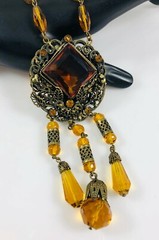 Antique Czechoslovakia Max Neiger Amber Brown Long Dangle Necklace Glass Links