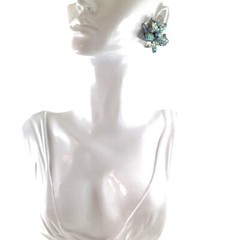 Vintage Judy Lee Blue Iridescent Glass Floral Clip Earrings AB Rhinestone 1960s