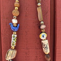 Vintage Boho Beaded Necklace Painted Glass Carved Wood Shell Metal Beads