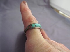 VINTAGE OLD PAWN STERLING ZUNI CS LONJOSE TURQUOISE INLAY RING SIZE 4.5