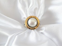 Modernist Sterling Silver 925 w 14K Gold Chunky Pearl Ring FITS Size 6.5