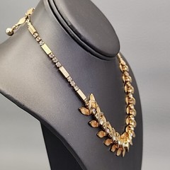 Vintage Linked Necklace Fold Over Gold Tone Textured Clear Rhinestones 16″