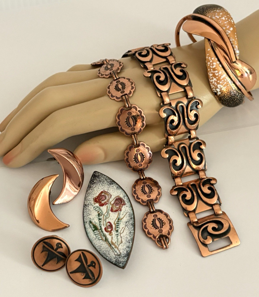 Vintage Copper Jewelry Lot Bold Statement Signed Unsigned Bracelets Earrings