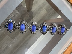 VTG Victorian Revival Selro Selini Blue Marbled Lucite Pot Metal Bracelet