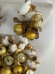 Vintage Floral Brooch Earrings Set White Navette Beads Lucite Gold Tone Clip