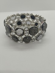 Bracelet Expandable 2 Rows Silver Color Faceted Beads Clear Rhinestones