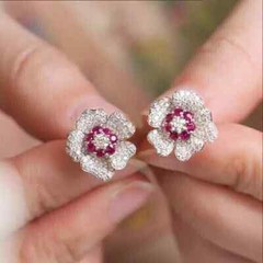 Art Deco Style Ruby & Lab Created Diamond Flower 14k White Gold Finish Earrings