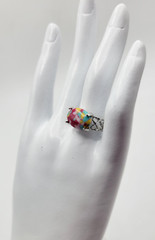Women’s Silver Tone Oval Simulated Stone Red Pink Yellow Green Ring Size 7.5