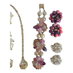 Lot Necklace Brooch Earring Pink Pearl Rhinestone Glass AB Beads Vintage Jewelry