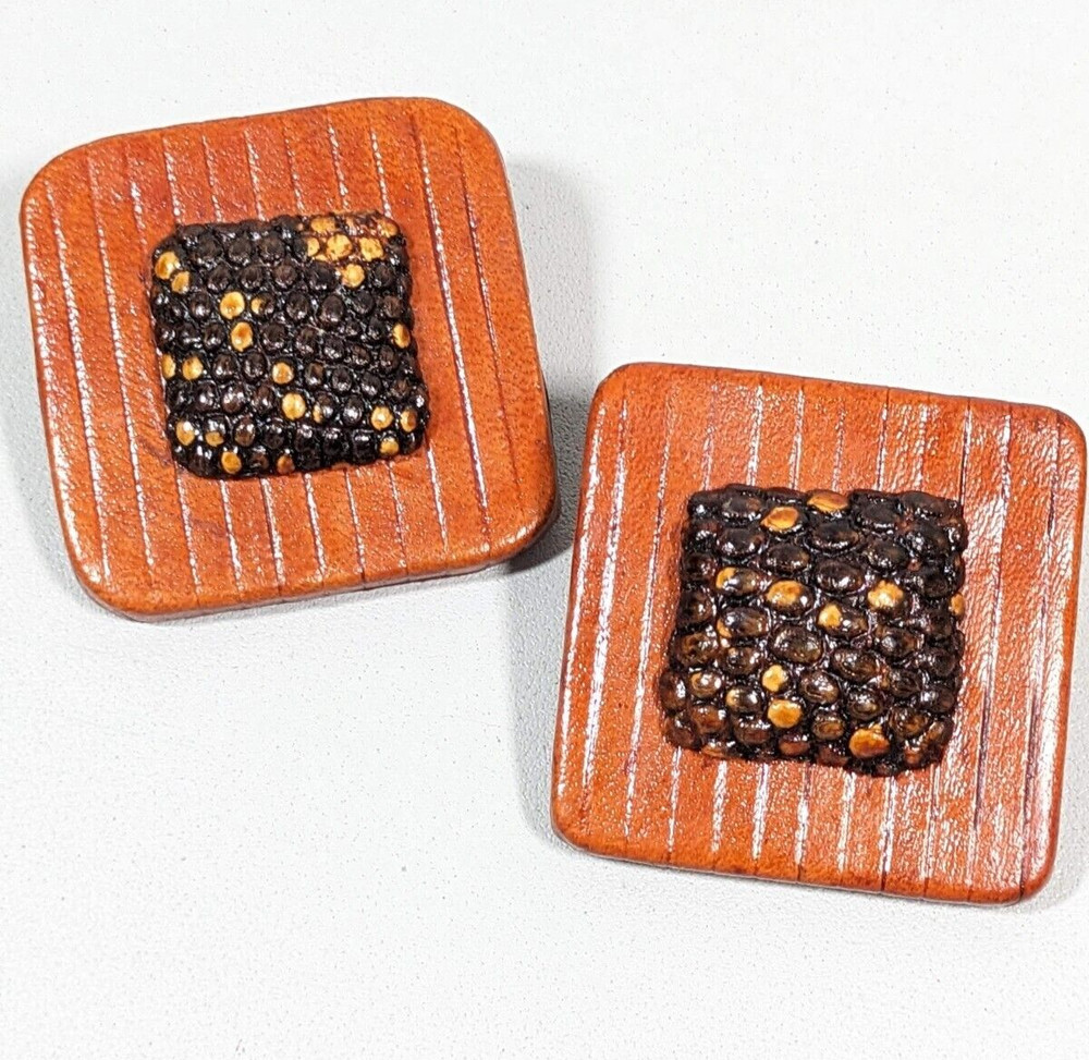 Vintage Unique Brown Leather Wrapped Wood Look Square Large Clip Earrings