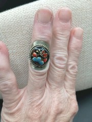 Russian Folk Art Ring Hand Painted Butterfly Floral Enamel Adjusts Vintage