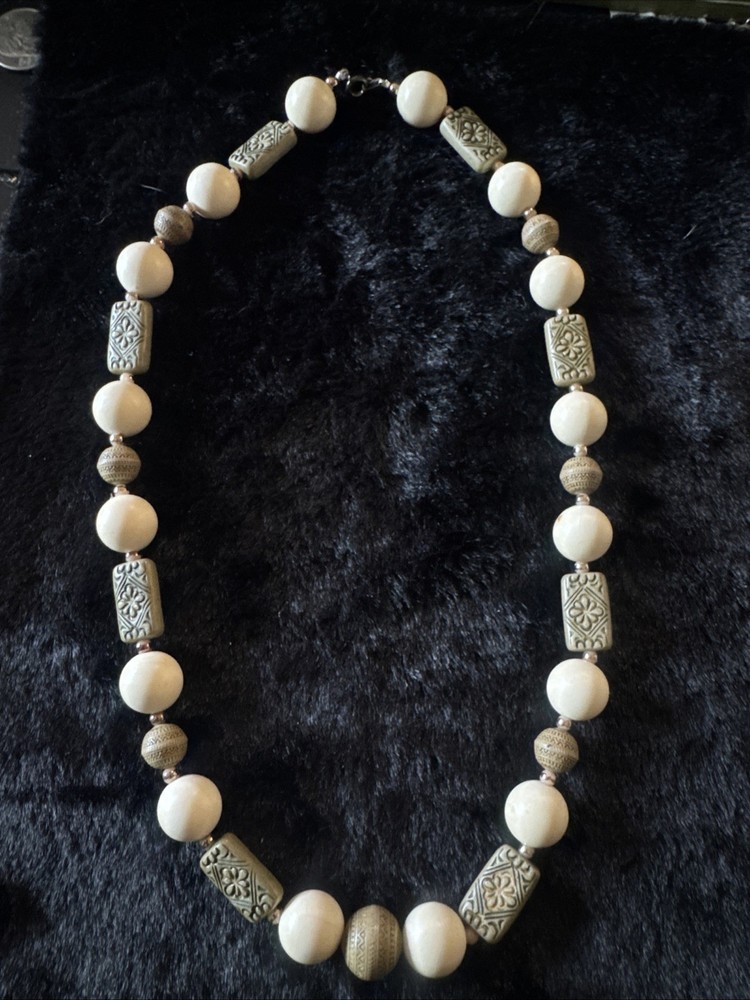 Vintage Carved Beaded Station Necklace Tan, Ivory Resin Beads 24”