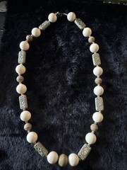Vintage Carved Beaded Station Necklace Tan, Ivory Resin Beads 24”