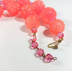 Bright Pink Orange Lucite Textured Ball Beaded Necklace ~ Marvella ~ 16 inch