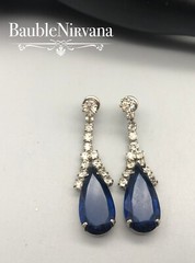 Vintage Prong Set Rhinestones&Teardrop Dark Sapphire Blue Glass Dangle Earrings