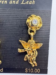 Vintage 90s Two Sisters Medici Gold Tone Cherub Drop Earrings Rhinestone Cupid