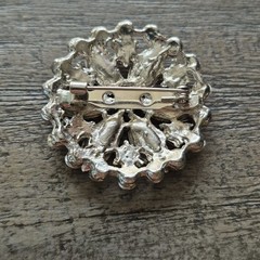 Vintage Floral Brooch Pin Silver Tone Metal Pink Rhinestone Starburst 1/2 Inches