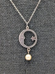 Vtg Sterling Faux Pearl Crescent Moon Man & Star Pendant 18″ Cable 925 Necklace