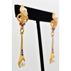 Vintage Pearl Crystal Dangle Earrings Drop Brushed Gold Matte NOS 1980s BinBK