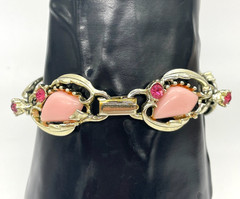 VTG Lipstick Pink thermoset Lucite Rhinestone Gold-tone 5-link bracelet MCM