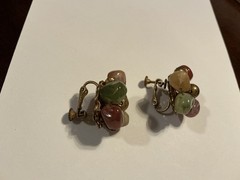 Vtg Signed Miriam Haskell Hand Wired Floral Cluster Clip Earrings Green Cabochon