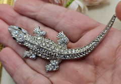 Vintage Alligator Crocodile Crystal Brooch Pin Rhinestone Staement Silver Tone