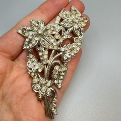 Large Vintage Pot Metal Brooch Silver Tone Rhinestone Floral 30s 40s Era READ
