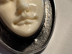 925 Sterling Silver Teardrop Cameo Face Amethyst Bone Cabochon Brooch Pin 2 Inch