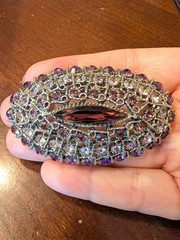 Vintage MCM Oval Purple & Pink Rhinestone Silver Tone Pin Brooch 2.5 inches