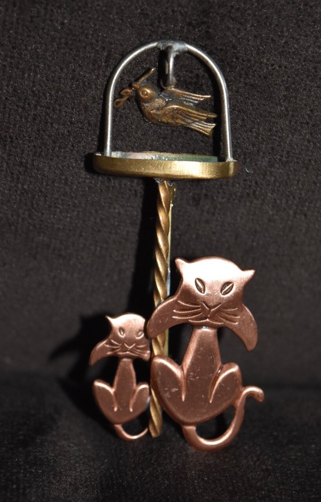 VTG Cat Pin Brooch Copper Mixed Metals Cats Dove Bird Modern Art K&T Siamese