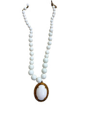 Signed Miriam Haskell White Bead Necklace with Beaded Clasp and Hangtag