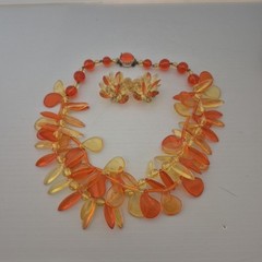 W Germany Necklace & Clip On Earrings Translucent Plastic Lucite Beaded Vtg