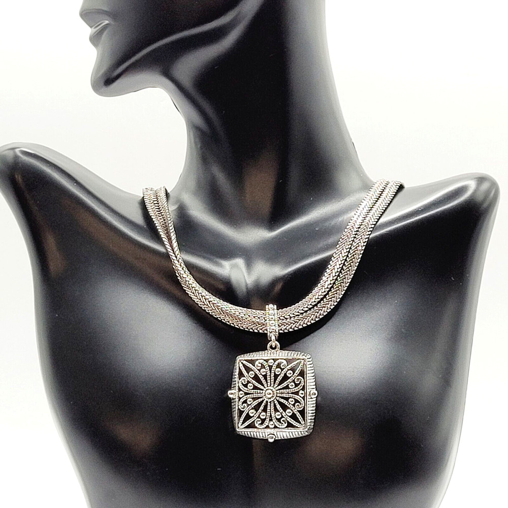 Napier Two Chain with Square Floral Filigree Ornate Silver Tone Pendant Necklace
