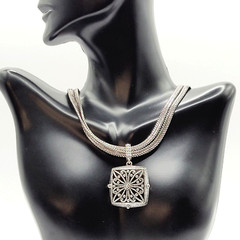 Napier Two Chain with Square Floral Filigree Ornate Silver Tone Pendant Necklace